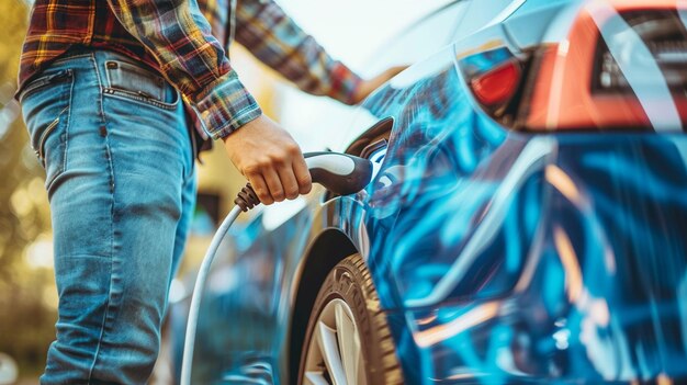 Un homme recharge à la main sa voiture électrique en plein jour