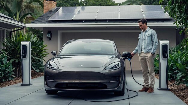 Un homme recharge une voiture électrique près de la maison.