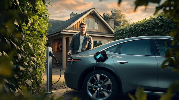 Photo un homme recharge une voiture électrique près de la maison.