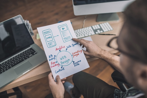 Homme à la recherche concentré sur les notes