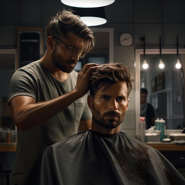 Un homme reçoit un coiffeur dans un salon élégant.