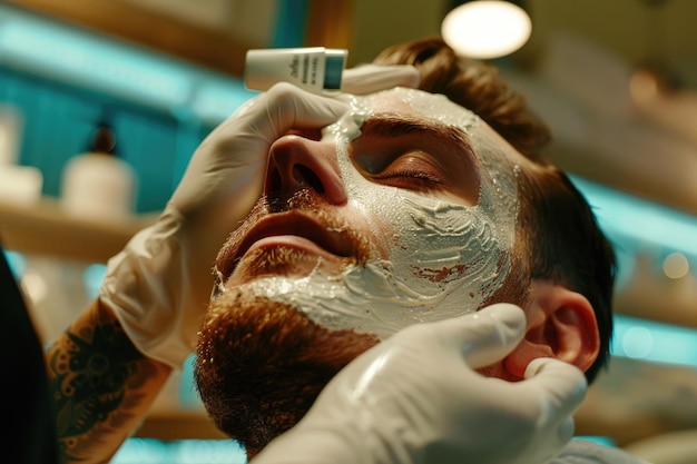 Photo un homme reçoit un traitement de masque facial dans la ferme de beauté