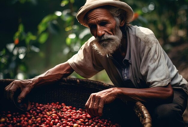 un homme récoltant des grains de café dans une ferme dans le style des palettes de couleurs terreuses