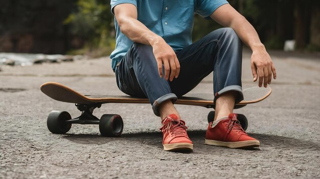 Un homme de récolte en jean assis sur un longboard