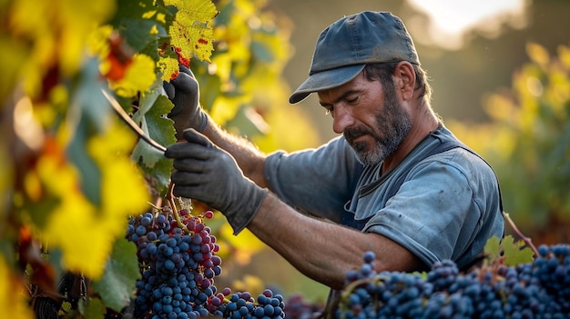 Photo un homme récolte des raisins de la récolte d'automne