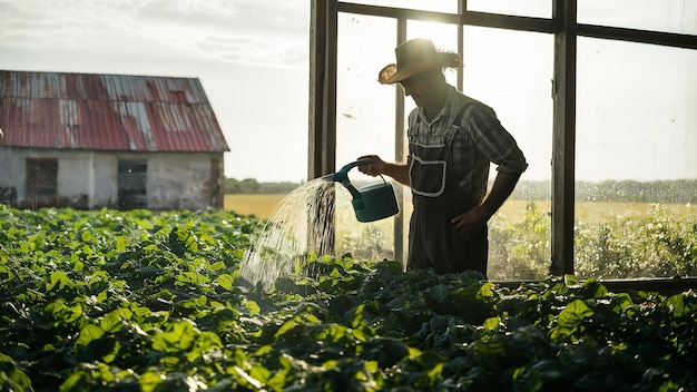 L'homme des récoltes versant de l'eau près de la fenêtre