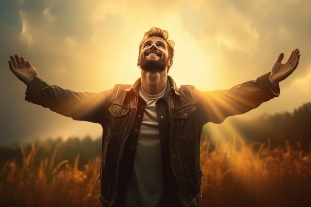 Photo un homme reconnaissant adore à la campagne