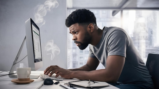 Photo un homme réfléchi qui travaille dur à l'ordinateur.