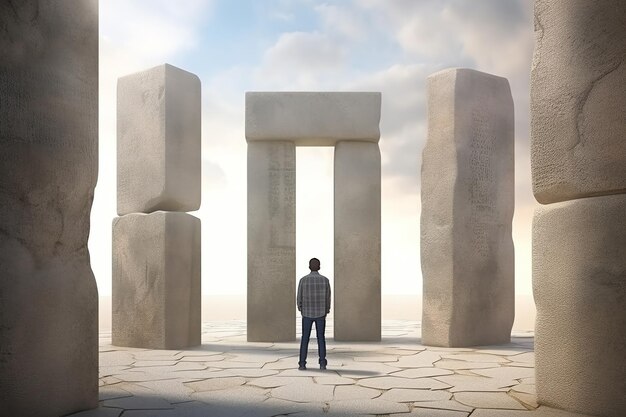 Un homme regardant un ancien monument en pierre