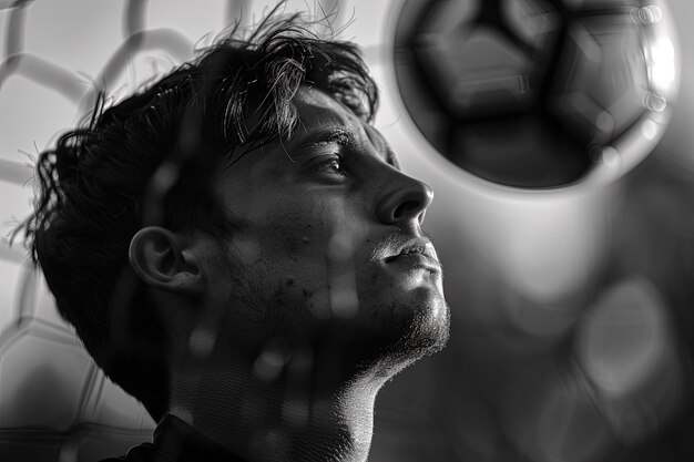 Photo un homme regardant un ballon de football.