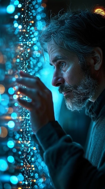 un homme regardant une chaîne de lumières