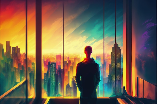 Homme regardant du balcon sur une ville futuriste en feu avec un éclairage vibrant Concept fantastique Peinture d'illustration AI générative
