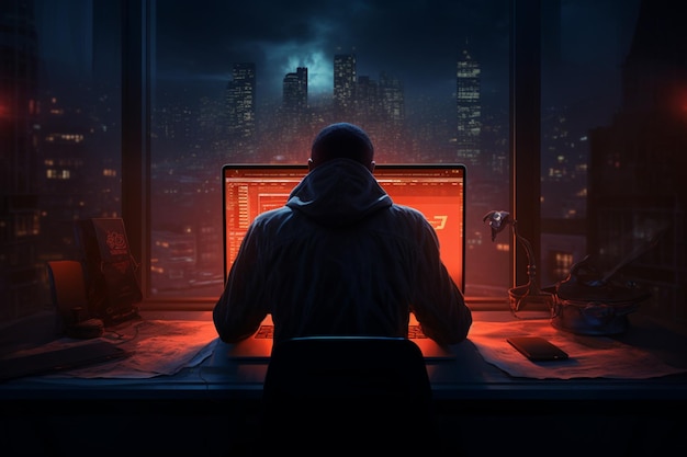 Un homme regardant un écran d'ordinateur devant une fenêtre la nuit