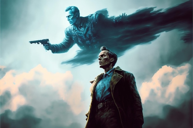 Homme regardant un fantôme mystérieux volant autour d'un homme avec une arme à feu regardant un homme flottant dans les airs avec une puissance maléfique peinture d'illustration de style d'art numérique