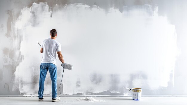 Un homme regardant un mur blanc avec un rouleau à peinture et un seau isolé dans une salle blanche