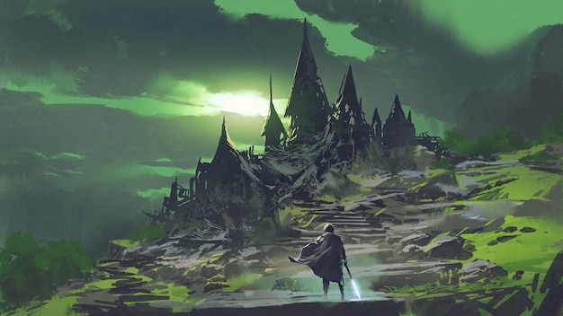Photo homme regardant le mystérieux château abandonné avec un ciel vert en arrière-plan, style art numérique, peinture d'illustration