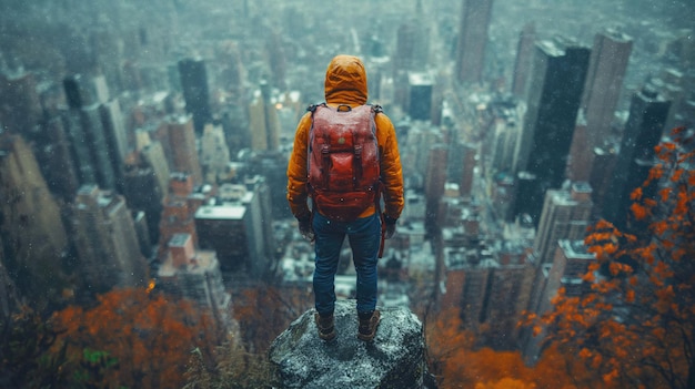 Un homme regardant New York du sommet d'une montagne.