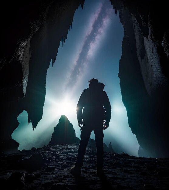 Homme regardant la nuit étoilée depuis une grotte