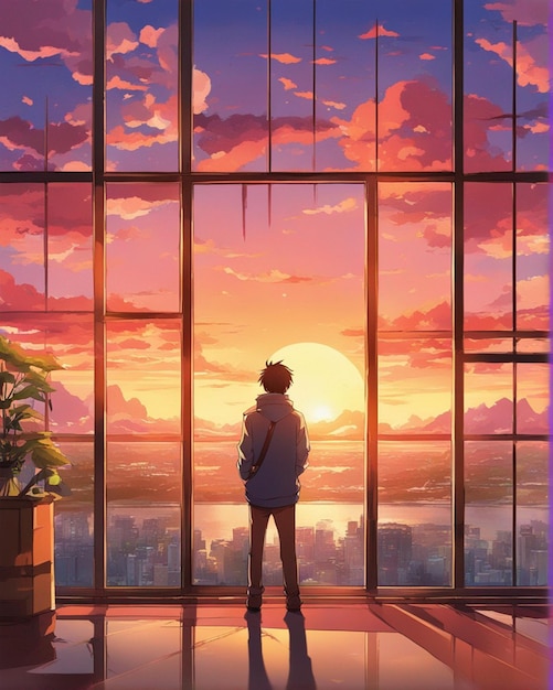 Un homme regardant par une fenêtre au coucher du soleil Fond d'écran