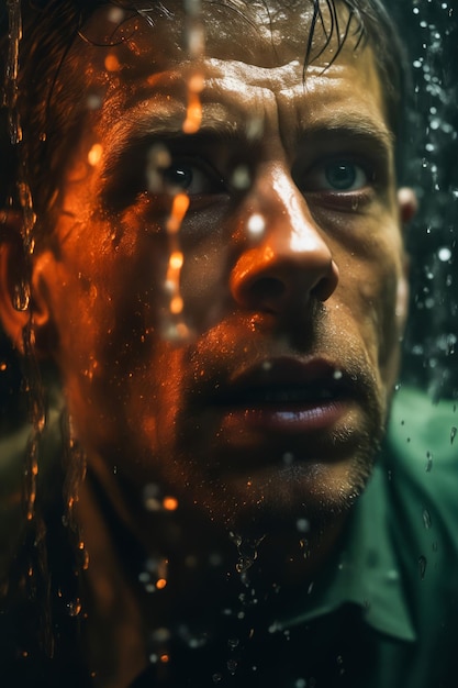 Un homme regardant par la fenêtre avec la pluie qui tombe sur lui AI générative
