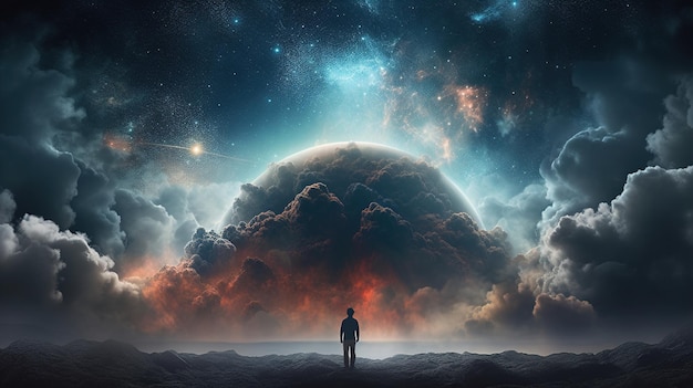Un homme regardant la planète fantastique avec des nuages