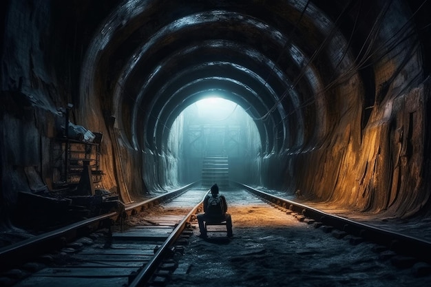 Un homme regardant un train avec un ciel sombre en arrière-plan