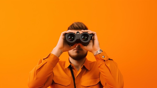 Un homme regardant à travers des jumelles sur un fond orange
