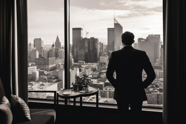 Homme regardant la ville par la fenêtre