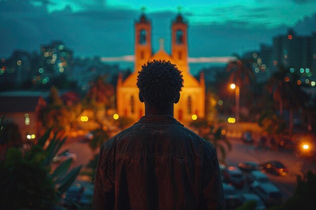 Photo un homme regarde la cathédrale au crépuscule