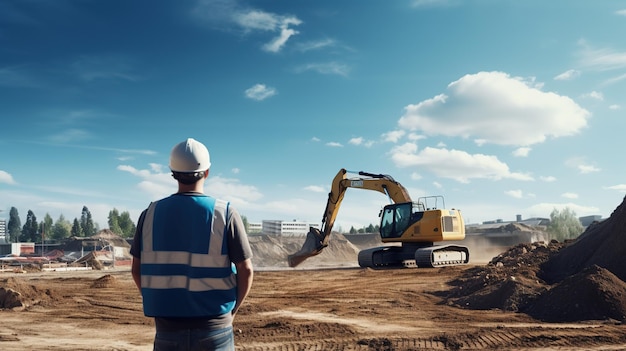 Un homme regarde le chantier avec une excavatrice