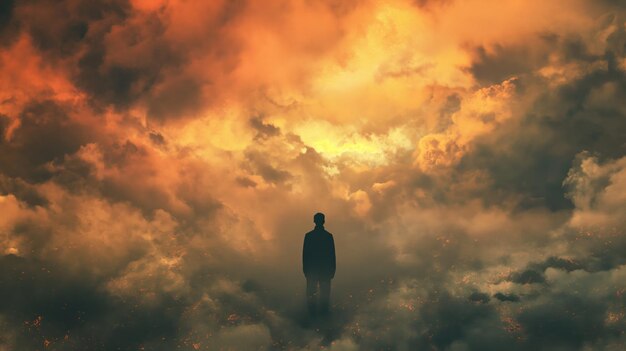 L'homme regarde le ciel où des nuages en forme de coton s'accumulent présentant un jeu d'ombres et de lumière sur le fond azur tranquille paysage