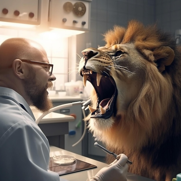 Photo un homme regarde les dents d'un lion.