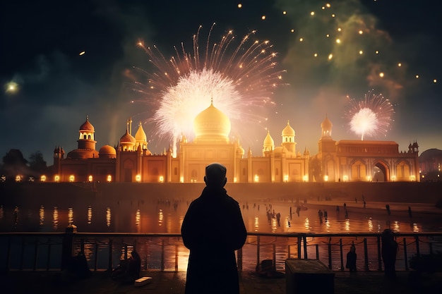 Un homme regarde des feux d'artifice et une mosquée ai générée