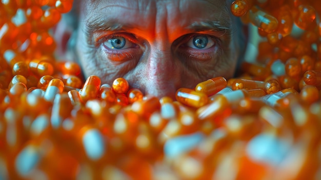 L'homme regarde intensément à travers l'abondance de pilules