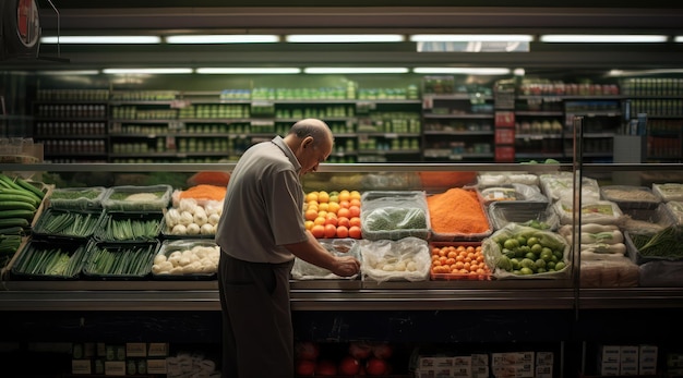 Un homme regarde des légumes dans une épicerie.