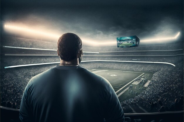 un homme regarde un match de baseball du haut d'un stade.