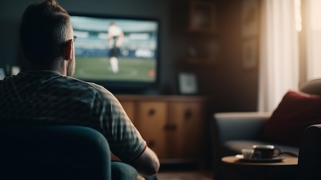 Un homme regarde un match sur une télévision dans un salon sombre.