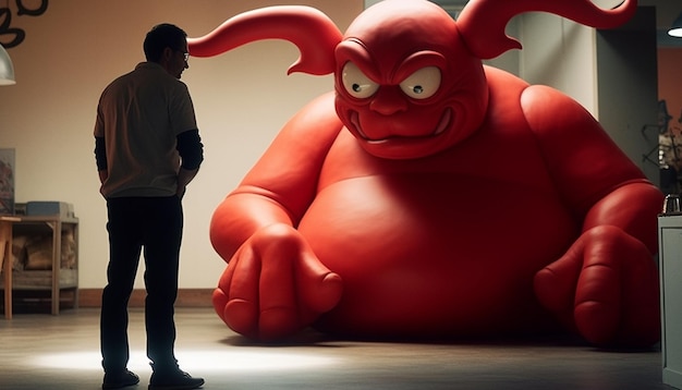 Un homme regarde un monstre rouge géant avec un grand visage rouge.