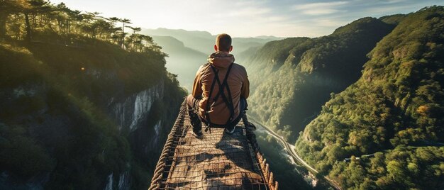 Photo un homme regarde une montagne avec un sac à dos sur son dos