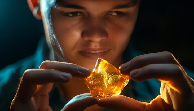 Photo l'homme regarde un morceau d'ambre transparent dans ses mains à l'intérieur de l'ambre il y a une petite fée