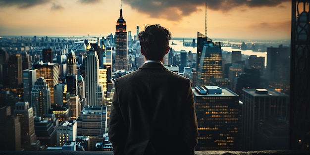 Un homme regarde par une fenêtre un paysage urbain