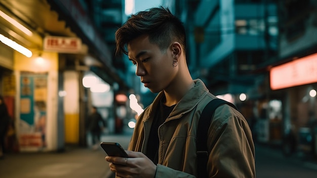 Un homme regarde son téléphone alors qu'il se tient dans la rue la nuit.