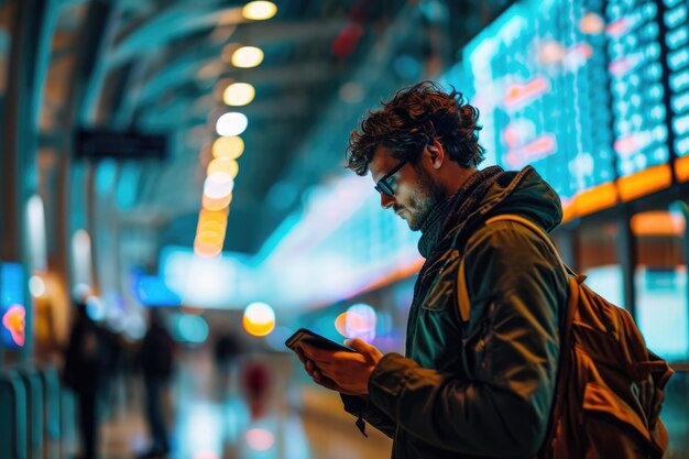 Un homme regarde son vol sur l'écran de l'aéroport