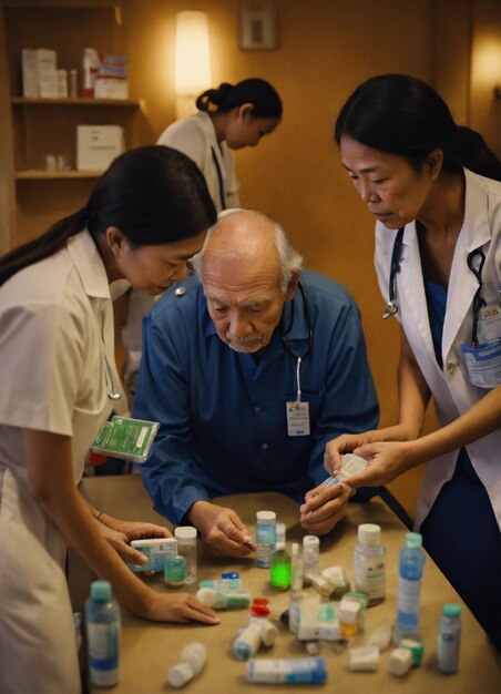 un homme regarde une table avec une bouteille verte de médicaments