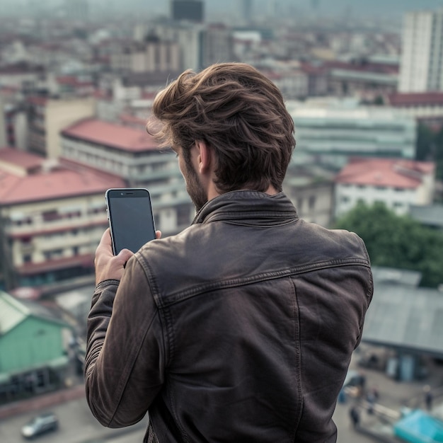 un homme regarde une tablette avec une ville en arrière-plan