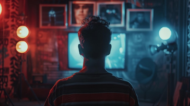 Un homme regarde la télévision dans une pièce sombre