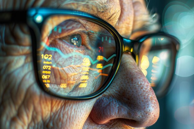 L'homme regarde à travers des lunettes en regardant des données