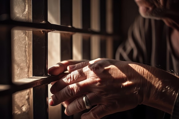 Un homme regarde à travers la porte d'une cellule de prison.