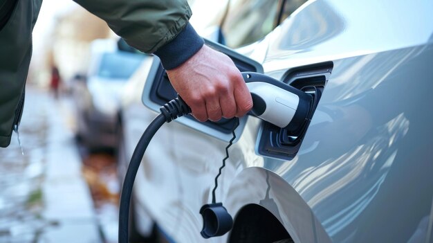 Un homme relie un chargeur à une voiture électrique