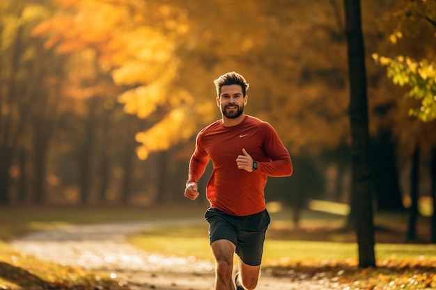 Homme de remise en forme d'automne qui court dans un parc coloré